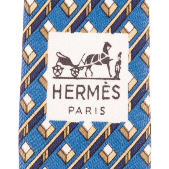 Hermés Silk Printed Neck Tie Blue & Gold 918 HA - Picture 2 of 2